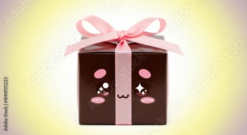Adorable chocolate colored box with pink ribbon features a stylized cute face illustration