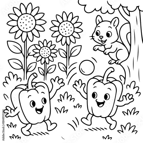 Playful Garden Friends: A whimsical illustration showing two animated bell peppers and a squirrel playfully interacting in a vibrant garden scene, surrounded by sunflowers and lush greenery. 