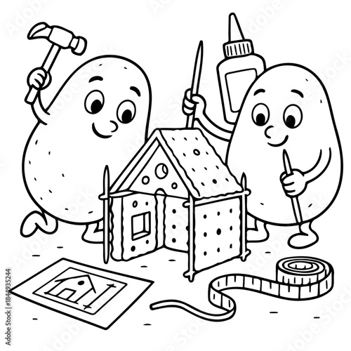 Potato Builders Constructing Dream House: Two animated potato characters bring a house to life using tools like a hammer, glue, and measuring tape, alongside a blueprint for construction.