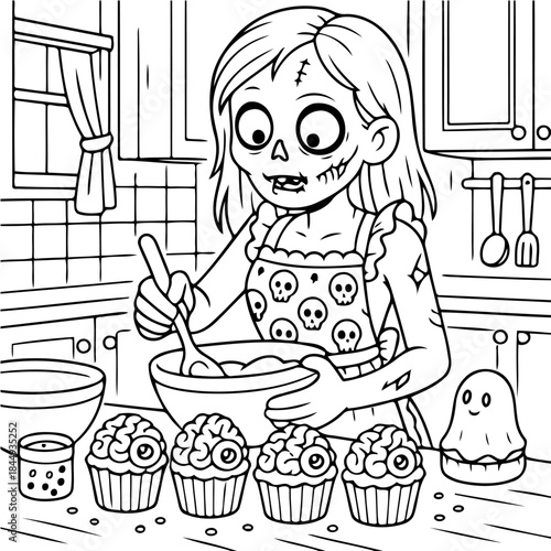 Zombie Chef's Spooky Kitchen: A monochrome illustration features a zombie chef in the kitchen baking creepy cupcakes, infusing a whimsical twist into the Halloween season.