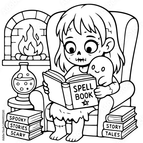 Reading Spellbook: A cute zombie girl is deeply engrossed in her spellbook beside a cozy fireplace, reading Spellbook surrounded by a stack of spooky stories. A cute ghost companion is near her.