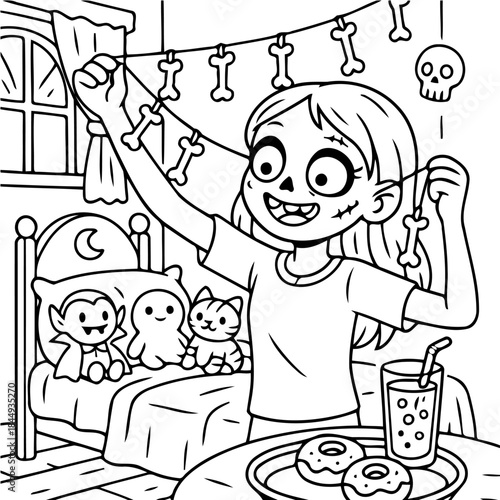 Spooky Celebration Decorations: A cartoon girl decorates a room with bone-shaped decorations, preparing for a festive spooky event.