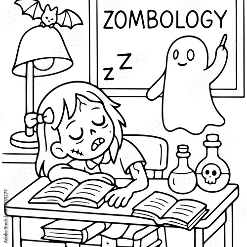 Zombology in Dreamland: A student, lost in a dream of Zombology, slumbers peacefully amidst the quirky classroom setting, complete with spectral companions and intriguing subject matter.