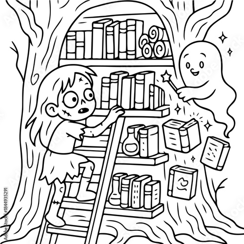 Whimsical Library: A young child with an imaginative mind exploring the secret library, finding exciting books and experiences in a playful environment