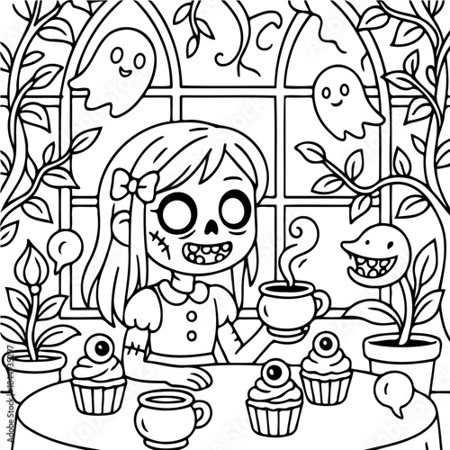 A Spooky Tea Party: A charming illustration depicts a whimsical gathering where a young girl and some peculiar guests enjoy tea and cupcakes amidst a scene with ghostly companions and unusual flora. 