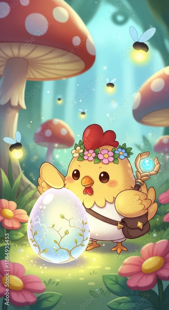 Fototapeta premium Adorable baby fowl character guards a glowing mystical egg in a vibrant woodland setting