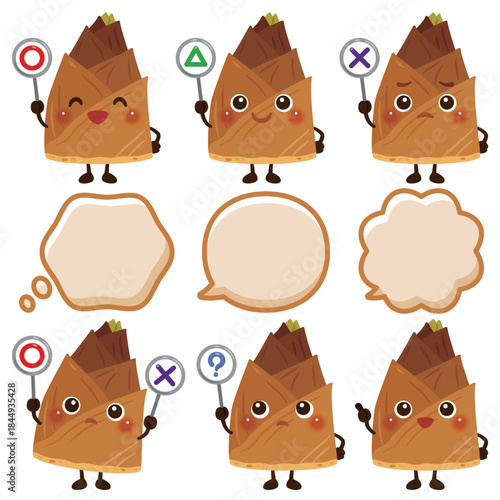 ○×△の札を持った筍のキャラクター／Cute Bamboo Shoots Character Illustration Holding O, X, and Triangle Signs