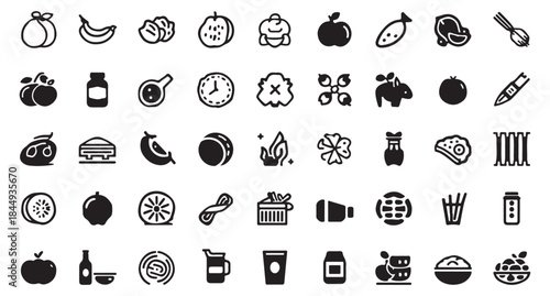  Collection of diverse food and drink icons in a black silhouette style