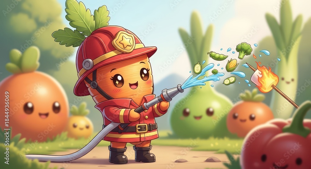 Fototapeta premium Adorable animated root vegetable character dressed as a rescuer diligently extinguishing a roasting sweet treat outdoors