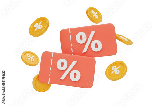 Two 3d discount coupons with coins and percentage signs isolated on transparent background