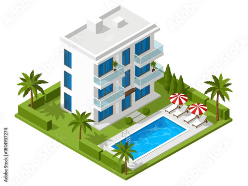 A modern white apartment building stands amidst lush palm trees and green hedges, featuring glass balconies and a sparkling blue swimming pool with striped umbrellas for a luxurious tropical lifestyle