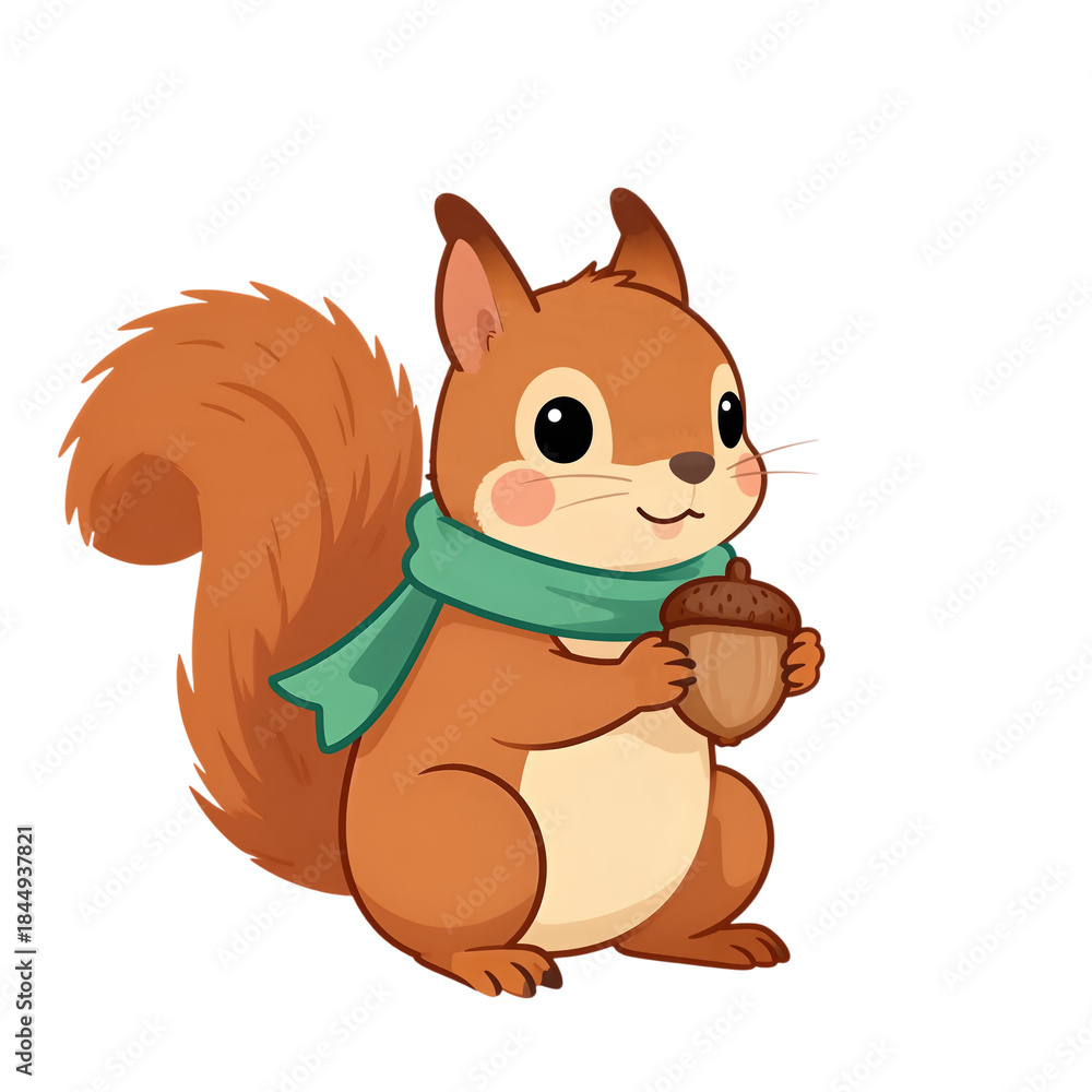 Fototapeta premium Cute Squirrel Wearing Scarf Holding Acorn