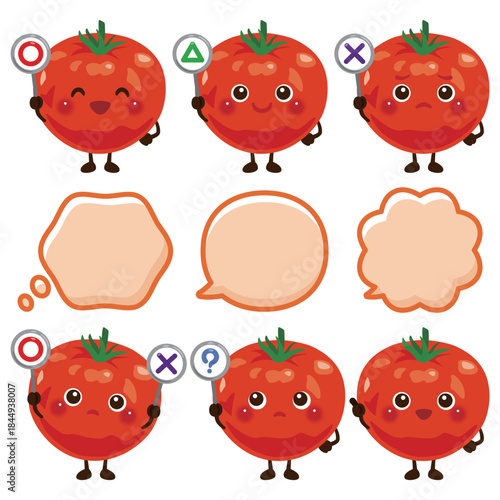 ○×△の札を持ったトマトのキャラクター／Cute Tomato Character Illustration Holding O, X, and Triangle Signs