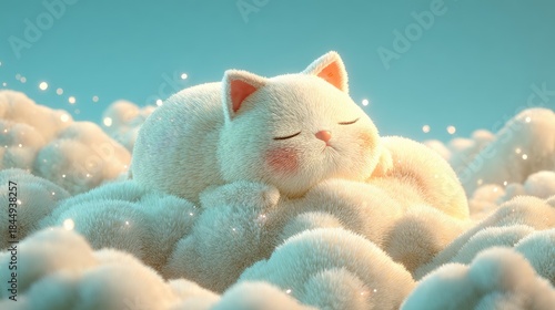 Cute fluffy cat sleeping on soft clouds in dreamy sky