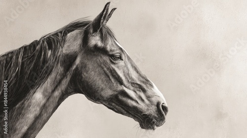 Realistic charcoal drawing of a horse in profile view