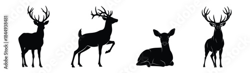 Elegant black deer silhouettes in various dynamic poses, depicting majestic stags and serene does, isolated on white