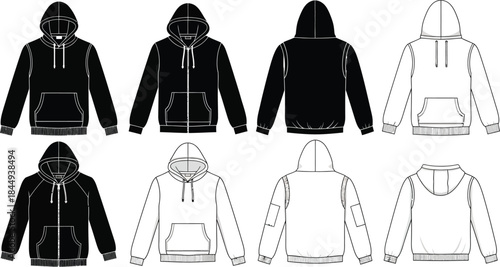 Set of black and white hoodie flat sketches for apparel design