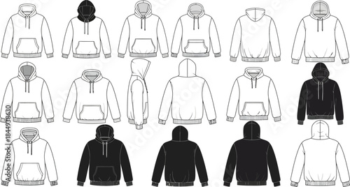 Collection of hoodie flat sketch technical drawing templates isolated on white background