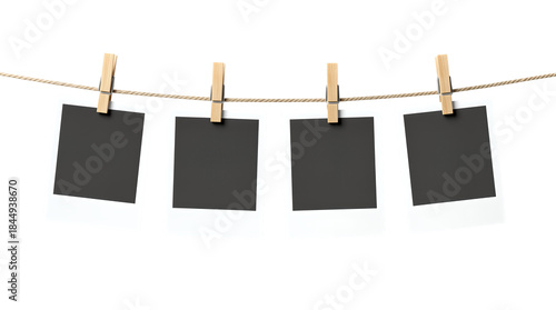 Four blank polaroid photos hanging from clothes pins
