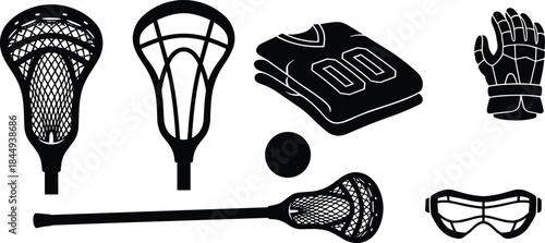 Lacrosse Equipment Silhouette Vector Set with Sticks Ball Gloves Jersey and Goggles for Sports Branding Illustrations and Design Projects