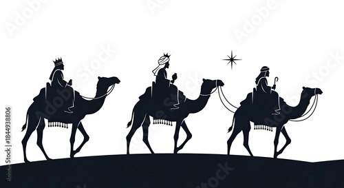 Kings silhouette rides camels, silhouette follows star, dark silhouette art