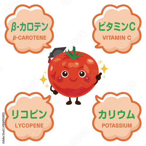 トマトのキャラクターとトマトに含まれる成分イラスト／Cute Tomato Character Illustration with Nutrients