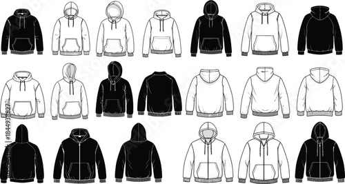 Collection of black and white hoodie and sweatshirt apparel templates