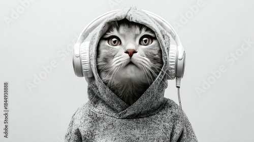 Cute gray cat wearing headphones and hoodie against white background