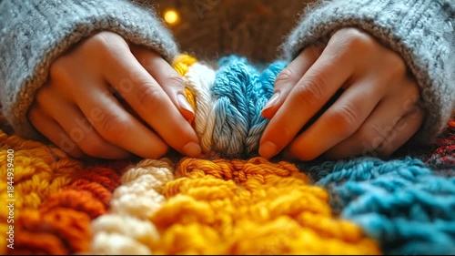 Hands weaving colorful yarn on a cozy blanket