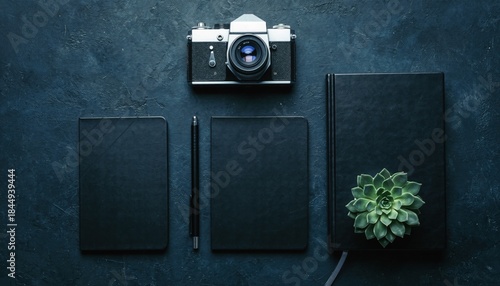 Composition of Creativity: Vintage camera, black journals, succulent plant and pen, harmoniously arranged on a dark, textured surface, the scene is an ode to artistic expression and mindful planning.