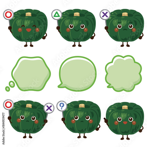 ○×△の札を持ったかぼちゃのキャラクター／Cute Pumpkin Character Illustration Holding O, X, and Triangle Signs
