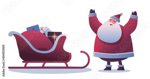 Santa Claus Christmas celebration sleigh gifts joy festive scene with presents in sled and cheerful Santa on white background