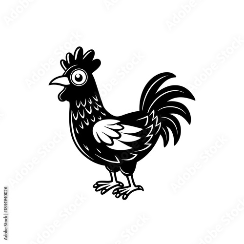 A black and white cartoon illustration of a rooster with its mouth open and a surprised expression.