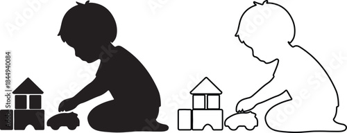 A silhouette and outline illustration depicting a young child actively playing with building blocks and a toy car on the floor.