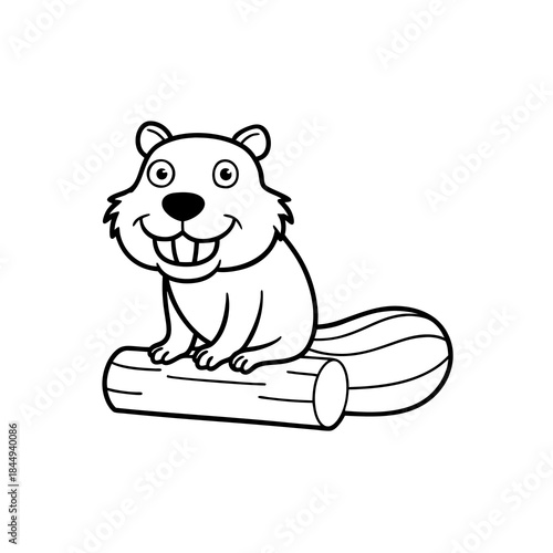 A cute cartoon beaver with large front teeth sits happily on a log, its tail resting beside it.