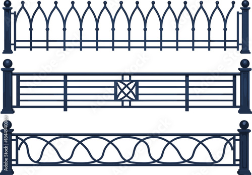 Decorative metal fence designs, wrought iron railing collection, classic garden barrier set, architectural outdoor fence illustration isolated