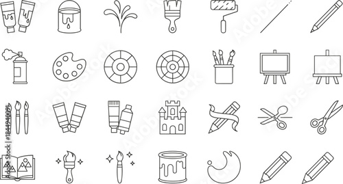 Art supplies line icons set, painting drawing creative tools symbols, minimal outline vector illustration collection isolated for design projects