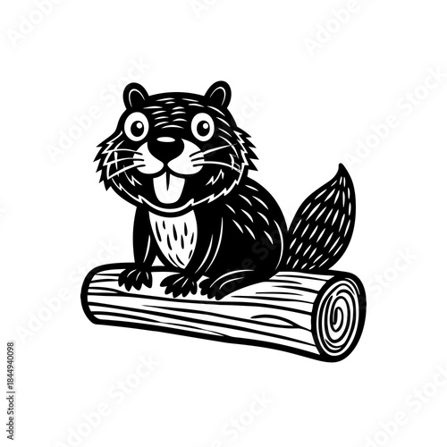 A cartoon black beaver with big eyes and a tongue sticking out sits on a log.