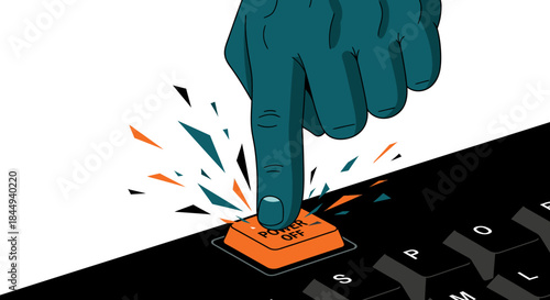A stylized teal hand presses an orange 'POWER OFF' key on a sleek black keyboard, illustrating a decisive shutdown, digital detox, or a vital break from technology.