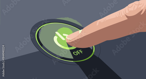 An illustrative close-up shows a human finger actively pressing a prominent green power button, indicating the process of deactivating a function.