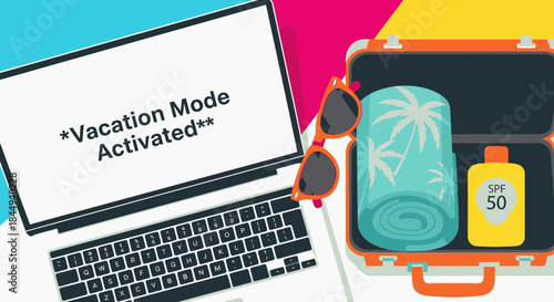 A laptop displaying 'Vacation Mode Activated' sits next to an open suitcase packed with sunglasses, a beach towel, and sunscreen, ready for a vacation.