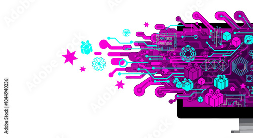 Vibrant digital data streams, featuring circuit patterns and festive elements, brightly emanate from a computer screen, symbolizing online connectivity, innovation, and virtual gift-giving.