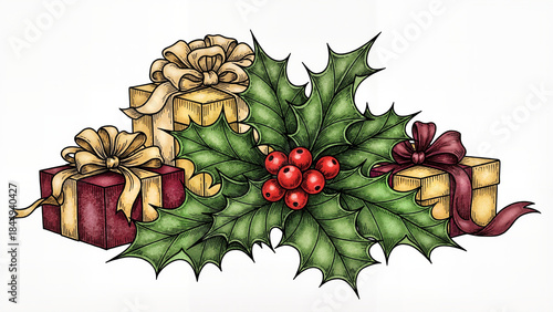 Holly cluster with red berries beside festive wrapped gifts hand-drawn illustration with clean ink outlines and rich holiday tones
