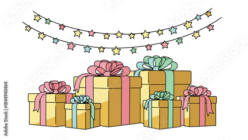 Gold gift boxes under decorative star garland vector illustration, clean outlines and soft pastel festive palette, modern flat style