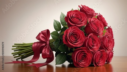 Red rose bouquet tied with satin ribbon semi-realistic floral illustration with rich velvety petals, soft diffused lighting, elegant romantic scene