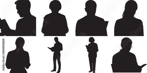 Silhouettes of diverse people reading and standing