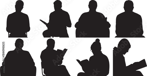 silhouettes of people reading books and sitting