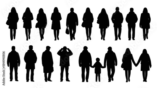 Vector silhouettes man and women, illustration. Silhouettes of people posing in warm winter clothes. Transparent SVG version.