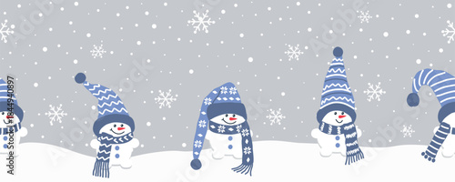 Baby Snowmen Have Fun in Winter Holidays. Seamless Border. Christmas Background. Cute Snowmen in Blue Winter Hats, Scarves under Snow. Greeting Card Template. Vector on Gray Background