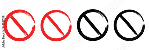 Collection of red prohibition signs with diagonal lines in circular outlines. Vector icons representing no entry, restricted access, forbidden zones, or general prohibition warnings